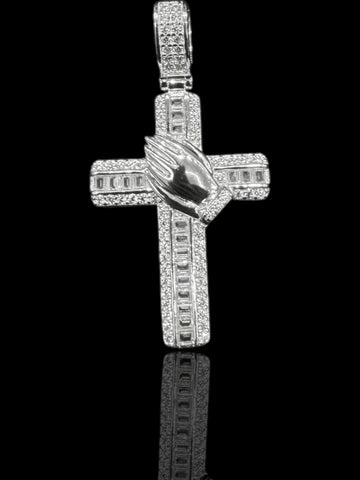9.25 Silver Cross w/ Praying Hands Zirconia Stones