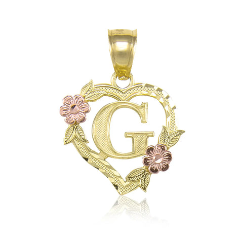 14kt Gold Heart Initial Pendant With Flowers